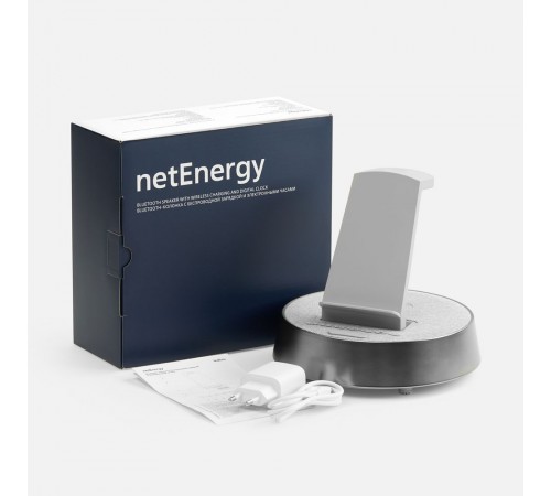 Bluetooth-колонка с беспроводной зарядкой и часами netEnergy, серая